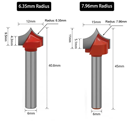 4-Piece Rounding Cutter 6 mm Shank Round Cutter Radius Cutter Set | Wood Router Cutter C3 Carbide Fitted Radius Sizes 3.96/4.76/6.35/7.96 mm 6mm Schaft
