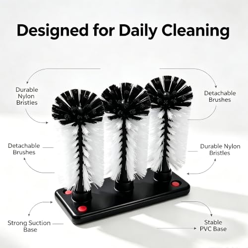 Etmdoeve 2-pack glass cup washer brush with suction base and three-brush bottle cleaner setup