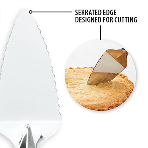 RADA serrated silver pie server set with two servers, ideal for serving cake, pie, and pastries.