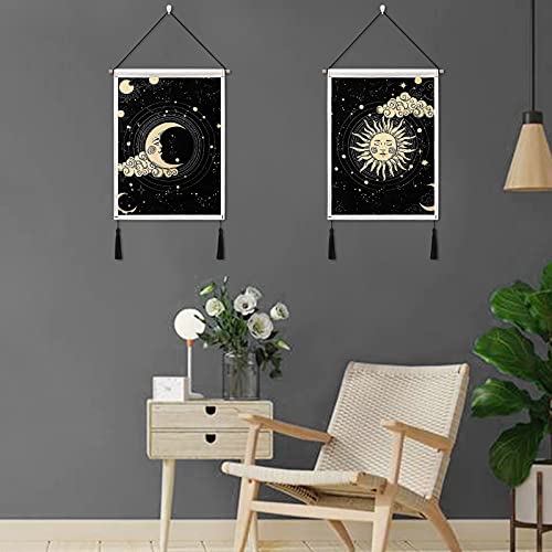 Betylifoy Moon and Sun Wall Tapestry with Tassels 2 Pack Banner Tapestry blackone