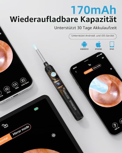 Qimic Visual Ear Cleaner with Camera, 1080P HD WiFi Cleaning Tool, 3.5 mm Lens, 360° Wide Angle, IP67 Waterproof, 6 LEDs, USB-C Charging, Compatible with iOS & Android - Black
