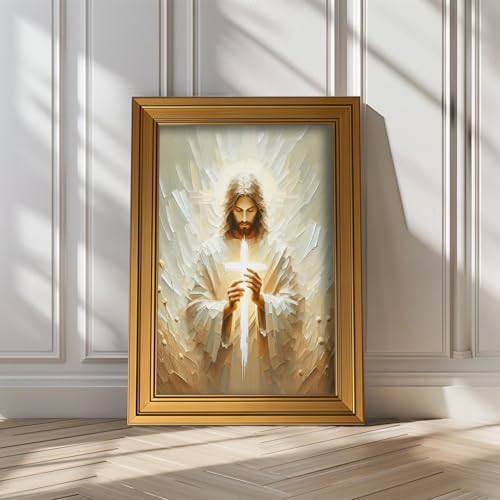 Golden Framed Jesus Wall Art Christian Canvas Painting Jesus Holding Cross Religious Wall Decor Cross Poster Prints Stripe Painting Picture for Living Room Bedroom Church Home Decoration 12x16 Inch white-poster 12"L x 16"W