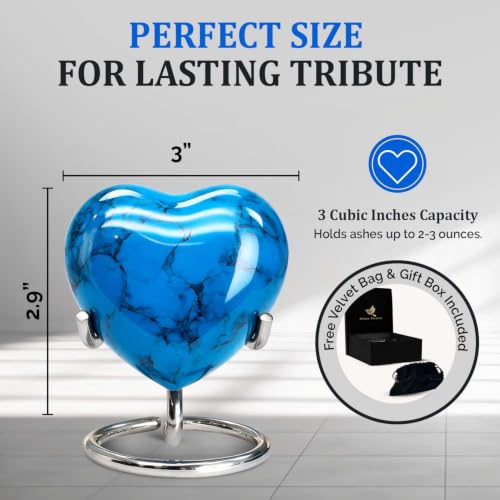 Small Urns for Human Ashes Keepsake – Heart Urn – Mini Urns with Stand & Box – A Loving Heart Shaped Cremation Urn to Honor Their Memory Forever (Blue, Small) Blue