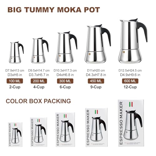 2 Cup Stovetop Espresso Maker Stainless Steel Moka Pot Stove Top Percolator Italian Coffee Makers Capable Mocha Greca Machine Cafe Classic Induction Cookers for Home and Camping 100ml 3.3oz Silver 2 Cup