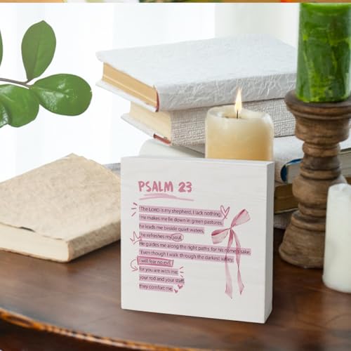 Inspirational Bible Verse Wooden Box Sign, Christian Gifts for Women Faith, Prayer Gifts for Women, Pink Prayer Christian Decor Sign for Girls Room College Apartment Dorm Decoration Psalm 23(white)