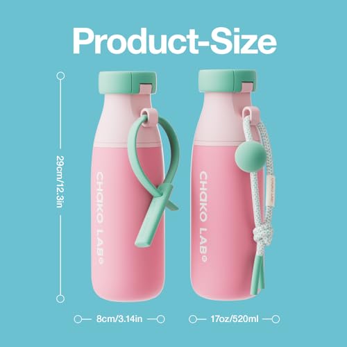 CHAKO LAB Insulated Water Bottle with Two Strap | BPA-Free Leak Proof | 17oz Bottle with Spout Lid & Straw | Peach