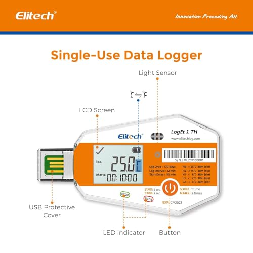 Elitech Temperature Data Logger Single Use Temperature Recorder PDF Report USB Temperature Logger 16000 Points WHO PQS LogEt1 1Pack LogEt1:Temp 1