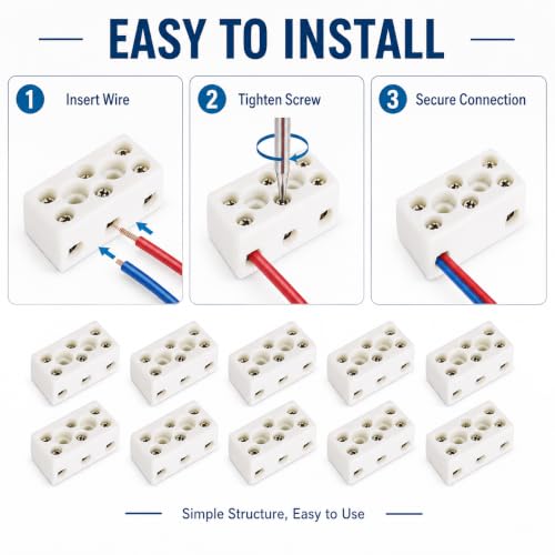 Ceramic Terminal Blocks, Ceramic Connectors, Pack of 10 3 Way 24A TC-613 Porcelain Connectors, High Temperature Resistant Terminal Block for Electrical Wiring