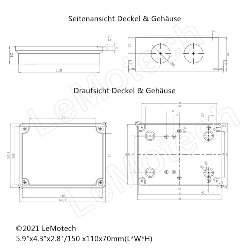 LeMotech ABS Plastic Dustproof Waterproof IP65 Junction Box Universal Electrical Project Housing White External Dimensions 150 x 110 x 70 mm (Pack of 1) 150 x 110 x 70 mm (1 Stück)