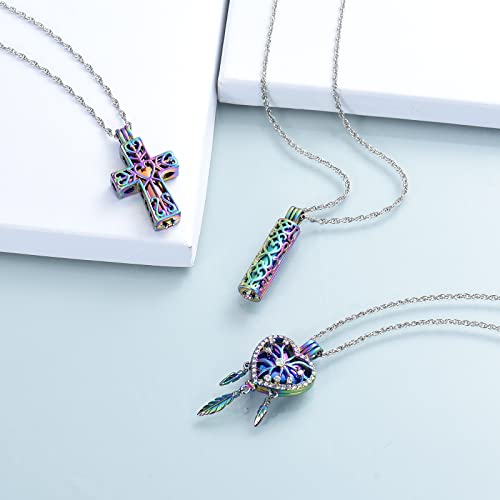 shajwo 3 Pack Cremation Urn Necklace for Ashes for Women Men Heart Lotus Cross Cylinder Cremation Jewelry for Ashes Loved One Memorial Keepsake Pendant Heart-Rainbow 2