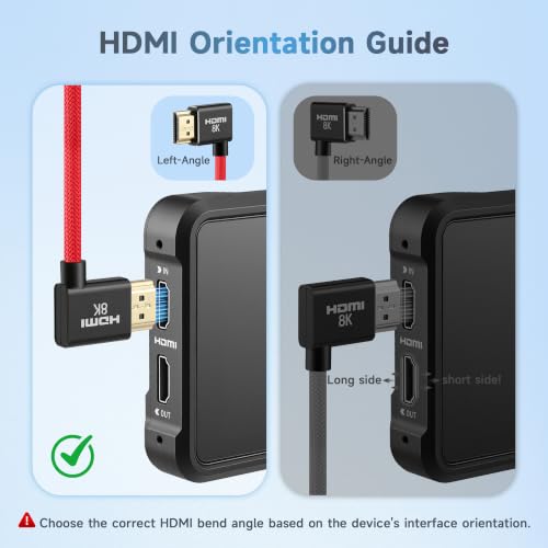 Uonecn HDMI 2.1 Cable for Camera, Ultra HD 48Gbps 8K Braided Coiled HDMI for Atomos Ninja V, Portkeys BM5, Short HDMI Cable for Sony A7iv, Z‑CAM F6, Z‑Cam E2 Pro Cameras, Red, Left Angle‑Straight Straight to Left Angle