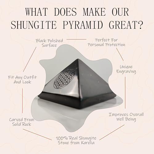 Authentic Shungite Stone Polished Pyramid 2" with Flower of Life Engraving Symbol | Raw Shungite Figurine Home Protection Room Decor Office Desk Decor Black Pyramid (Flower of Life)