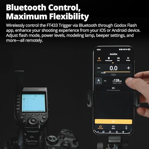 Godox FT433 C TTL Wireless Flash Trigger for Canon, 433MHz, HSS 1/8000s, 100m Range, LCD, 32 Ch, 1-99 ID, Front/Rear Curtain Sync, Bluetooth App Control, TCM, Single-Contact Rapid-Fire