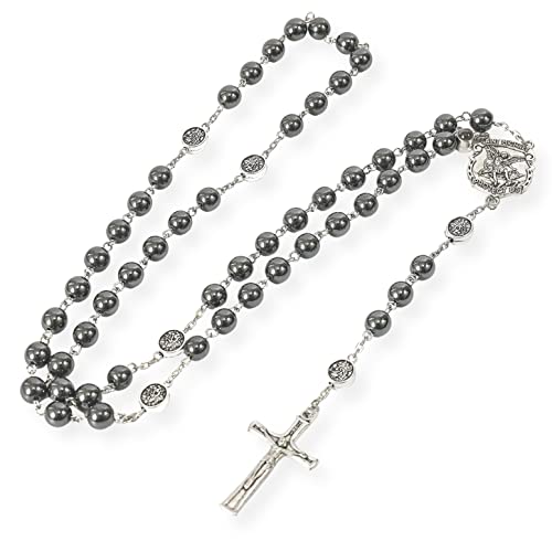 Nazareth Store Hematite Rosary Black Stone Beads Necklace Projection Our Father Prayer Medal with St. Michael Centerpiece and Crucifix 21"