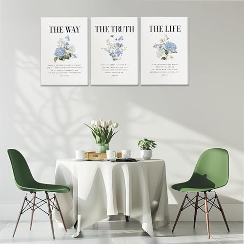 3Pcs Christian Canvas Wall Art John 14 6 the way the truth the life biblical quote Wall Decor Pictures Floral Prints Paintings Blue Scripture Artwork for Bathroom Room Home Decoration 12x16in 16L"x12W"