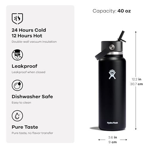 Hydro Flask Water Bottle - Insulated Stainless Steel - Wide Mouth Flex Straw Lid, Non Spill, Leakproof and Refillable in 40 Oz Moonshadow