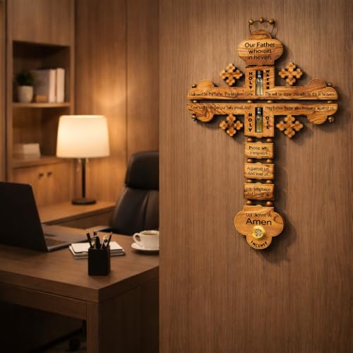 SAINT MICHAEL OLIVE WOOD FROM BETHLEHEM The Lord Prayer Our Father Prayer Wooden Wall Cross - Wall Hanging Religious Décor with The Lord's Prayer Cross, with Holy Water, Holy Oil