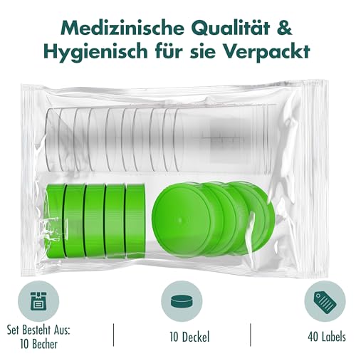 Sample Cup Set - 10 Pieces of 125 ml - Includes 40 Labels - Leak-proof Urine Cups with Screw Lid Graduated up to 100 ml - For Kitchen, Crafts, Medicine, Urine Samples - Can Be Written On