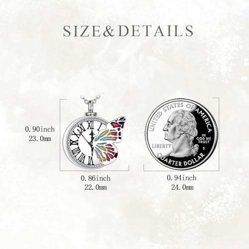 VONALA Butterfly Urn Necklace 925 Sterling Silver Clock Cremation Urn Memorial Pendant Necklace Urn Keepsakes Cremation Jewelry for Ashes