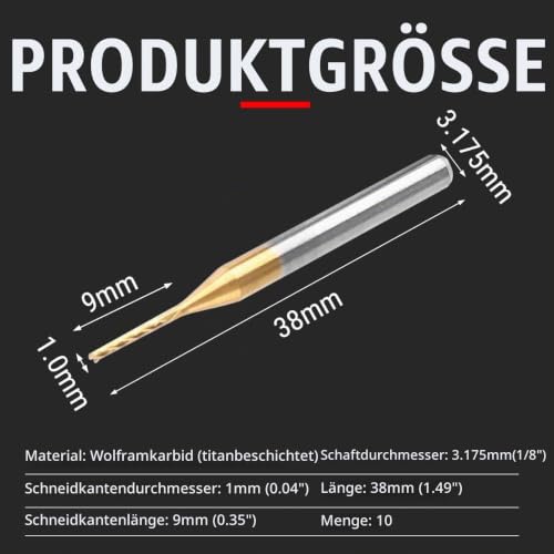 Milling Cutter 1 mm, 10 Pieces 1/8 Inch Shank End Mill, Titanium Coated Cutter Set Carbide CNC Cutter PCB Engraving Bits, for Milling Holes, Grooves and Edges