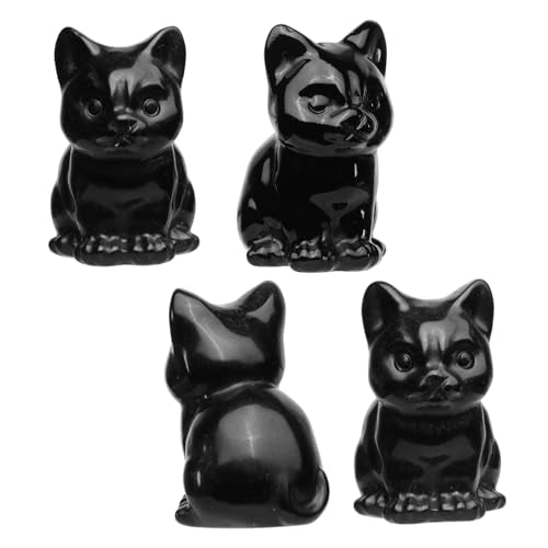 Rockcloud 2PCS Black Obsidian Hand Carved Crystal Sitting Cat Statues 1.5"