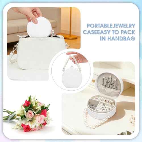 6 Pack Bridesmaid Proposal Gifts Set, Bulk Jewelry Boxes with 6 Cards, Small Travel Jewelry Case Organizer, PU Leather Mini Pearl Handle, Jewelry Box Travel Holder for Wedding Party (White) White