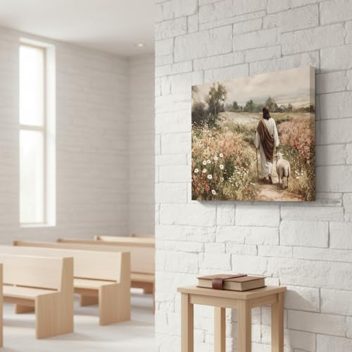 Jesus and Lamb Canvas Wall Art Christian Pictures Wall Decor God Catholic Painting The Lost Sheep Bible Stories Religious Spiritual Artwork for Church Bedroom Living Room Home Decor 12x16 in Framed Sheep and Jesus Wrapped Canvas 16"L x 12"W