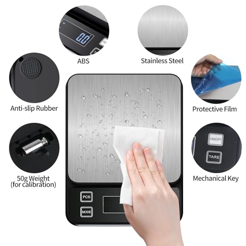 Waterproof Kitchen Scales IPX67, 10kg/22lbs Food Scales with 0.1g High Precision, 10 Units, TYPE-C Rechargeable, Stainless Steel Pan, LCD Display, for Baking, Cooking 10kg-Black