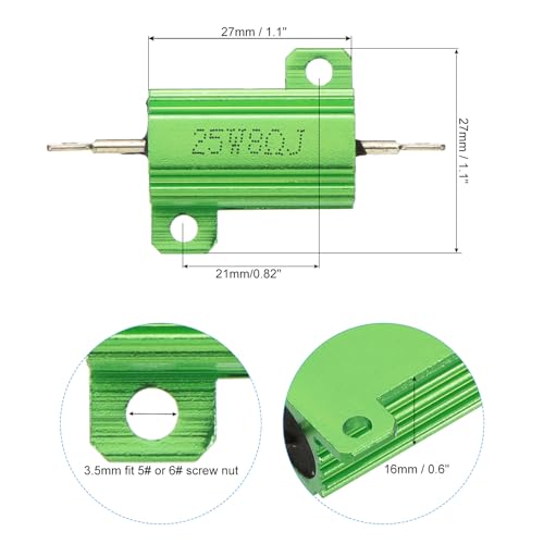 PATIKIL 25 W 8 Ohm Aluminum Casing Wire Wound Resistor, Pack of 5 Aluminum Casing Resistors Case Wire Wound Resistors Screw Tap Power Resistance 5% Tolerance, Green 8 ohms
