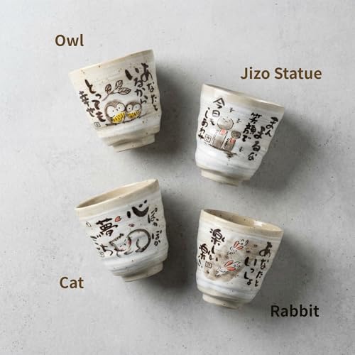 Japanese Tea Cups Handleless Coffee Mugs 6.4 oz Set of 4 Owl,Jizo Statue,Cat,Rabbit