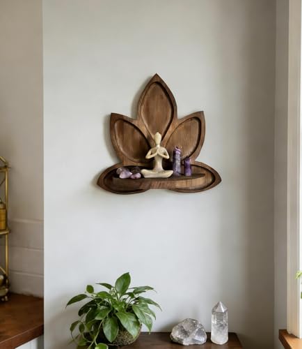Small Carved Lotus Flower Decorative Wooden Floating Wall Shelf, Boho Zen Spiritual Home Decor for Yoga & Meditation Space Walnut