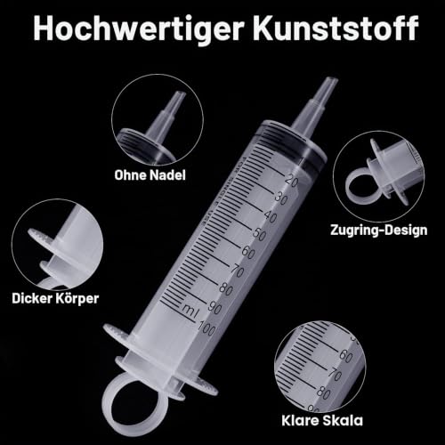 Syringe 100 ml, Pack of 4 Large Syringes with Hose 1 m, Plastic Syringes | Without needle, independently packaged dosing syringe 100 ml for experiments, pet feeding and industrial applications