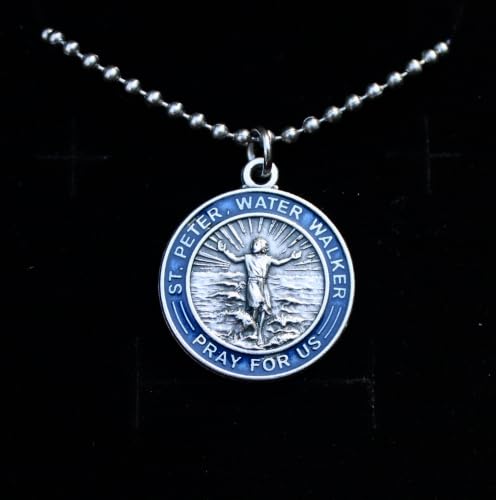 Mens Saint Peter Necklace, Catholic Patron Saint of Water Sports, Blue Enameled Alloy Medallion Made in Italy