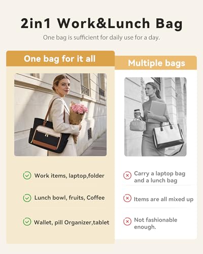 LOVEVOOK Lunch Tote Bag for Women, Work bag with Insulated Lunch Compartment, 15.6 Inch Laptop bag with Cup Holder Large Lunch Bag Purse for Teacher, Nurse, Office, Travel, College, Daily Black-brown-Beige 17.3 inch