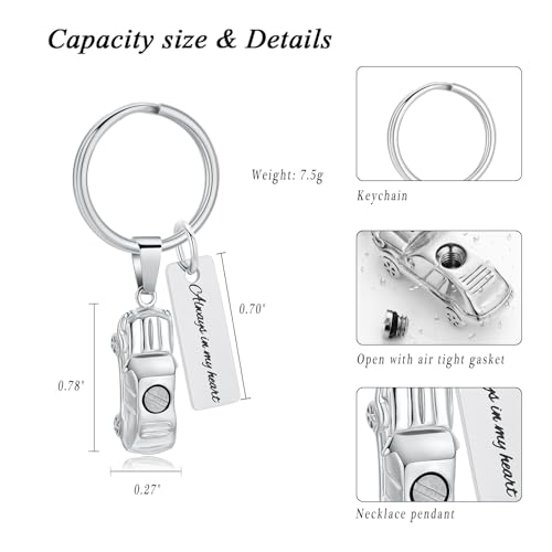 XSMZB Mini Car Cremation Jewelry Memorial Urn Necklace for Ashes Stainless Steel Pendant Human Pet Ashes Holder Keepsake Gift for Men Women Silver Keychain