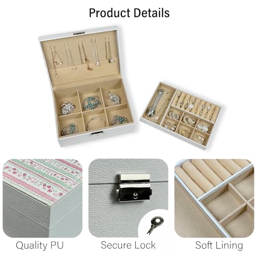 Double Layer Jewelry Box, PU Leather Jewelry Organizer with Lock, Large Capacity for Earrings, Necklaces, Bracelets, Unique Printed Design,Great Gift (Flower) Flower