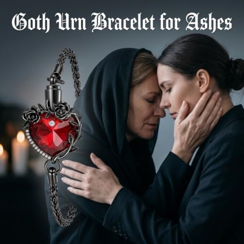 DAYLINLOVE Goth Urn Bracelet for Ashes 925 Sterling Silver Gothic Black Rose Heart Shape Link Bracelets Cremation Memorial Keepsake Jewellery Gift for Ashes of Loved Ones for Women