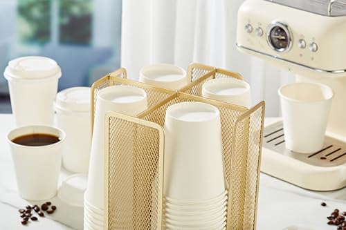 Annova Paper/Plastic Cup and Lid Holder Plastic Storage Organizer, 360°Rotating Coffee Mup Dispenser with 4 Compartments, Multifunctional Storage Rack for Home, Office, Bar, Coffee Shop (Gold) gold