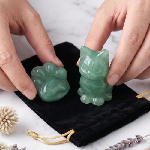 2 Pack Natural Crystal Cat & Paw Statue, Green Aventurine Healing Stones, Office Desk Decor Crystal Gifts Aventurine — Wealth