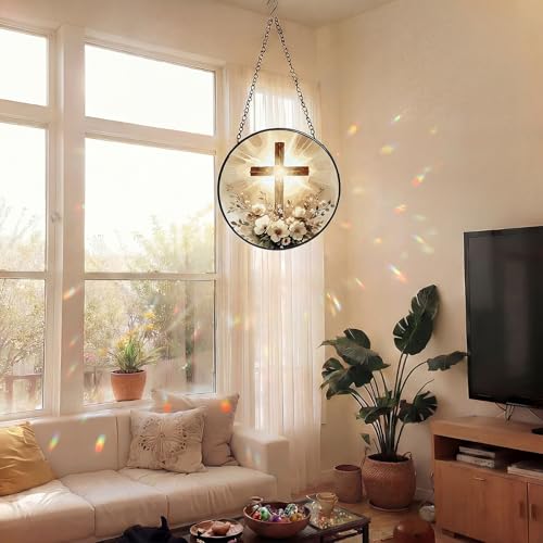 Mifoci 6.3 Inch Stained Glass Window Hanging Cross Suncatchers Indoor Window Christian Gifts for Room Office Decor Aesthetic