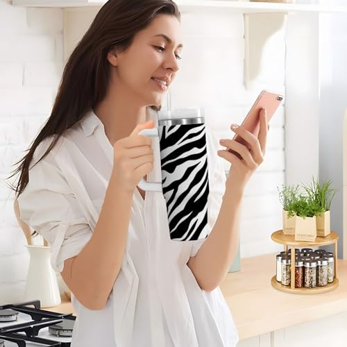 40 oz Tumbler with Straw & Handle - 2 in 1 Lids Leak Proof Tumblers - Large Insulated Stainless Steel Cup - BPA-Free Water Bottle Travel Metal Mug for Women Man, Black and White Zebra Skin Print 40 Ounces