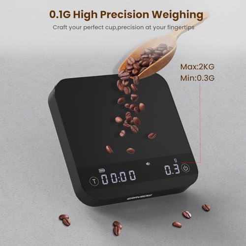 Mini Coffee Scale with Auto Timing, Rechargeable Espresso Scale with Timer, 2kg/0.1g High Precision Scale for Espresso and Pour-Over Coffee with Brewing Assist Modes Matte Black