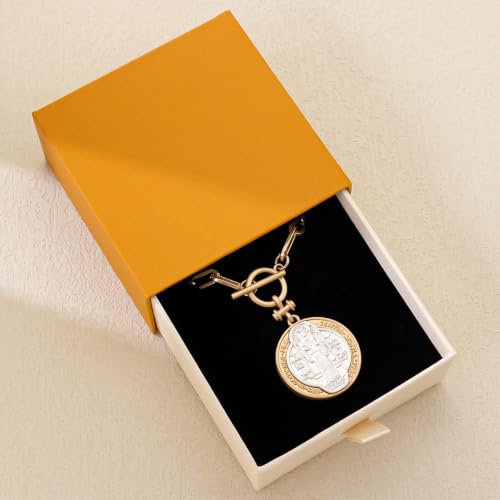 Saint Benedict Medal Necklace for Women, Gold Paperclip Chain Catholic Pendant Necklace, Christian Religious Jewelry Gift, 18 Inch