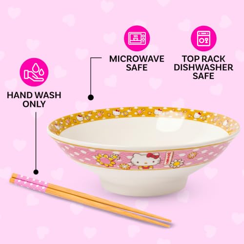 Silver Buffalo Sanrio Hello Kitty Pink, Ramen Bowl with Chopsticks, 30oz 30 Ounces Hello Kitty Waves and Flowers (Big)