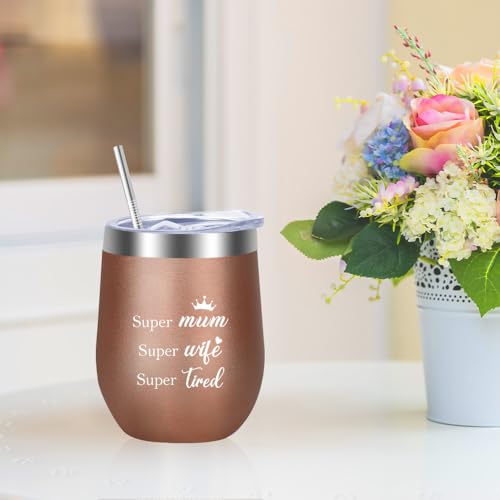 Mothers Day Gifts for Mum from Daughter Son Birthday Gifts for Mum Wife Gift from Husband Bonus Step Mummy Women Mother's Day Presents 12oz Wine Tumbler with Straw and Lid Coffee Cup Rose Gold Easter Wife-mum