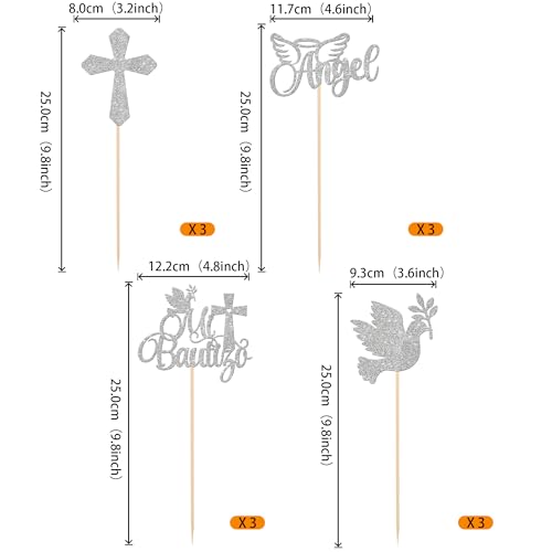 12 Pack Mi Bautizo Party Decorations, Baptism Centerpiece Sticks, Angel Dove Baptism Table Toppers Decors for Religious God Bless Baby Shower Birthday Baptism Party Decorations Silver Design 1 Silver