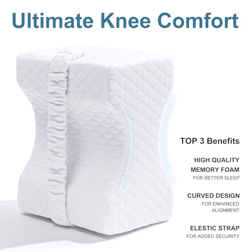UJPFEO Knee Pillow for Side Sleepers,Memory Foam Leg Support Pillow for Sleeping Comfort,Knee Cushion for Hip,Knee,Back and Sciatica Relief,Helps Align Spine,White,with Strap White