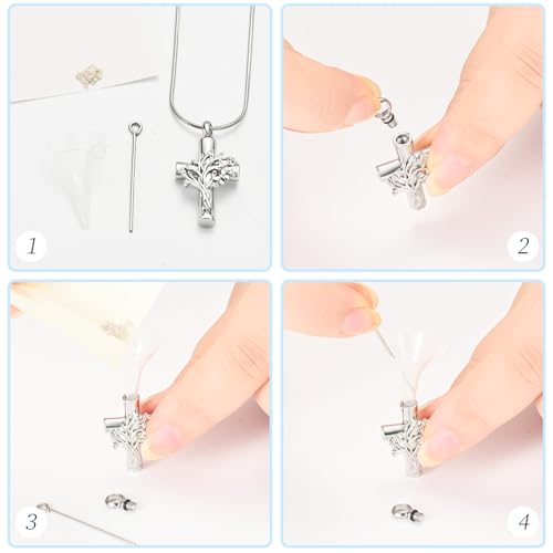 Cross Urn Necklace with Tree of Life Design Stainless Steel Cremation Jewelry for Ashes for Men Women Memorial Keepsake Pendant for Loved Ones Silver