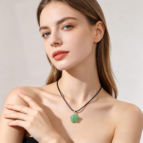 FANASY Natural Gemstone Carved Star Pendant Necklace Cute Star Charm Pendant Healing Crystal for Women Green Aventurine