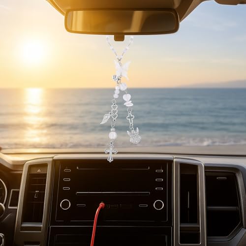 Angel Cross Rearview Mirror Charm Crystal Angel Wing Hanging Chain Angel Cross